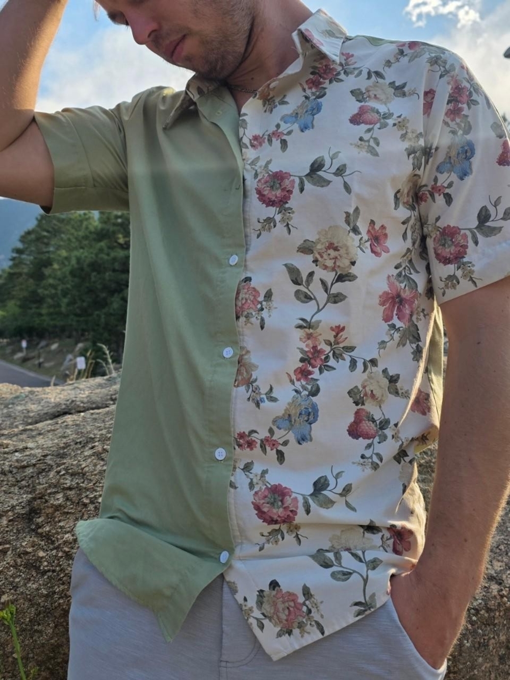 Handmade Upcyled Half Solid Half Floral Button-Up Shirt - Sage & Cream Floral